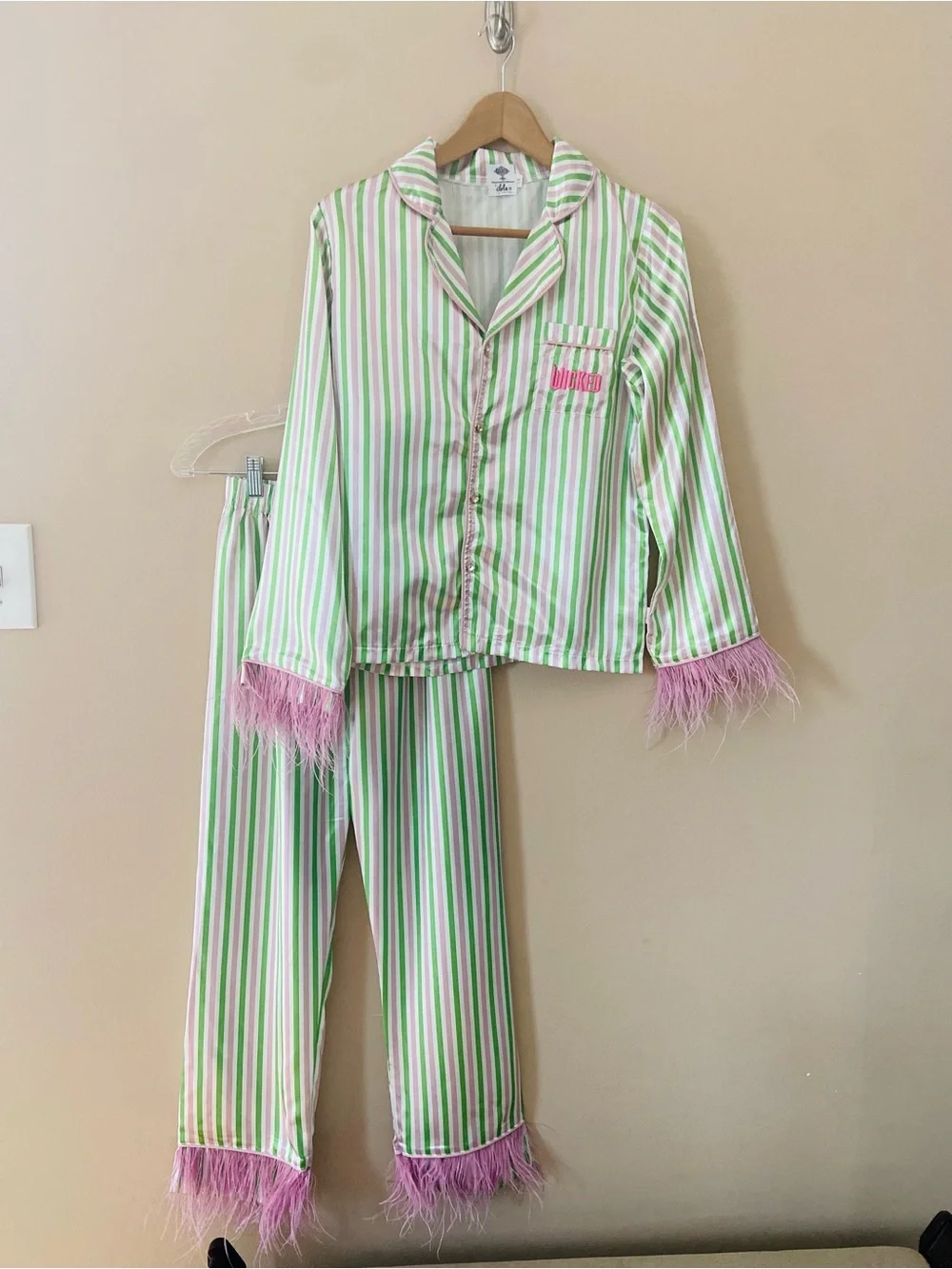 Lola + The Boys Wicked Universal Girl Pajama Set Green Pink Striped Feather Trim